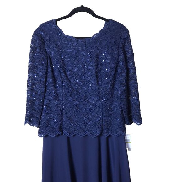 NEW Alex Evenings Women's Navy Sequin Lace Embroidered Tea-Length Dress Sz 14 - Picture 3 of 13